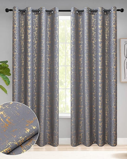 Taisier Home Gold Foil Print Linen Textured Curtains Geometric Dots Pattern Design Curtains for Nursery Toy Room Thermal Insulated Window Treatment 2 Panels 63" L,Soft Grey and Gold Curtain Print