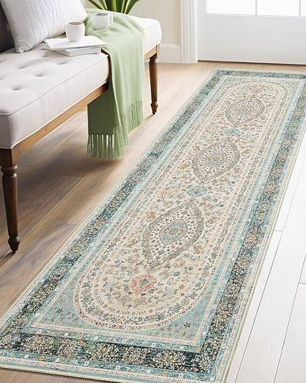 Washable Runner Rug 2x8,Blue Rug Runners Non Slip,Long Boho Rugs for Hallways Kitchen Bedroom Entryway Living Room Bathroom,Vintage Bohemian Distressed Oriental Floor Carpet,Floral