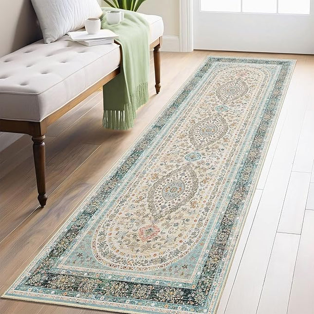 Washable Runner Rug 2x8,Blue Rug Runners Non Slip,Long Boho Rugs for Hallways Kitchen Bedroom Entryway Living Room Bathroom,Vintage Bohemian Distressed Oriental Floor Carpet,Floral