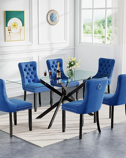 HomVent 7 Piece Rectangular Glass Dining Table Set, Tempered Glass Dinner Table Set for 6 Kitchen Table Set with 6 Velvet Upholstered Chairs for Kitchen Dining Room