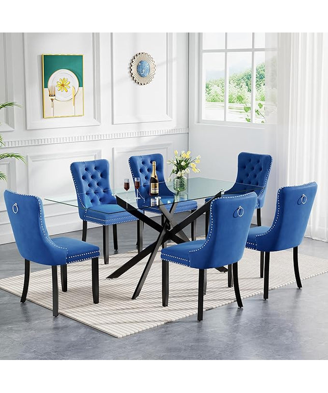 HomVent 7 Piece Rectangular Glass Dining Table Set, Tempered Glass Dinner Table Set for 6 Kitchen Table Set with 6 Velvet Upholstered Chairs for Kitchen Dining Room