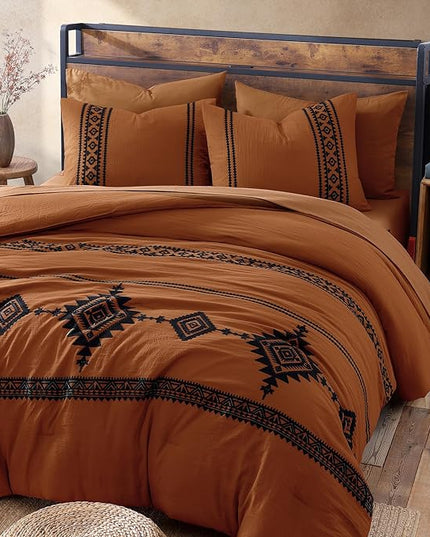 MaiRêve Embroidery Comforter Set, Boho Farmhouse Western Bedding Set, All Season Bed in A Bag Comforter Set with Sheets, Pillowcases & Shams, Burnt Orange King 7 Pieces