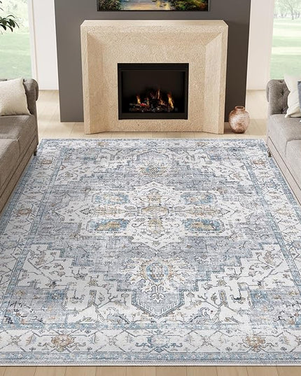 jinchan 9x12 Area Rugs for Living Room - Machine Washable Tribal Vintage Floral Stain Resistant Ultra-Thin Low-Pile Non-Slip Distressed Carpet for Bedroom Dining Room Kitchen (9x12ft, Grey/Blue)
