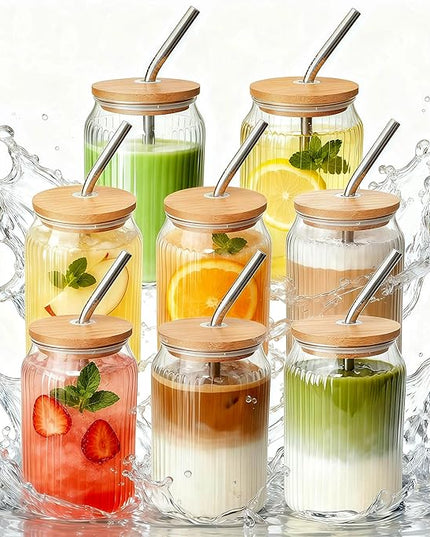 8 Packs Ribbed Glass Tumbler with Lid and Straw Ice Coffee Cup Kitchen Gadgets 16 oz Apartment Essentials New Home Must Haves Things Stuff Accessories House Warming Housewarming Hostess Host Gift