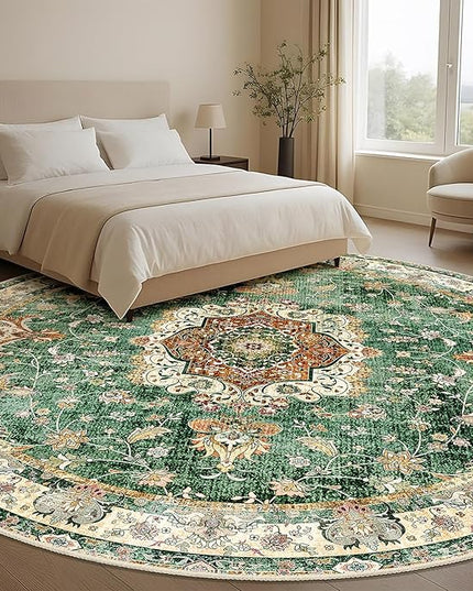 Large Green Round Rug 9ft, Boho Circle Area Rugs for Bedroom Living Room,Washable Vintage Bohemian Distressed Oriental Floral Carpet Non Slip,Retro Sage Floral