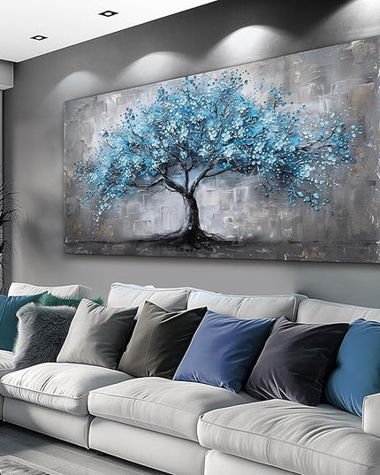FUHAIHUA Canvas Wall Decor For Bedroom Large Wall Art For Living Room Office Decortions Black And White Paintings Blue Trees Wall Pictures Framed Mural Aesthetic Home Decor Posters Artwork 24x48 In