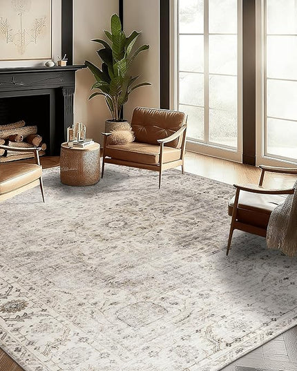ReaLife Rugs Machine Washable Area Rug - Stain Resistant,Non-Shed - Eco-Friendly,Non-Slip, Family & Pet Friendly - Made from Premium Recycled Fiber - Vintage Bohemian Medallion - Beige Ivory, 4' x 6'