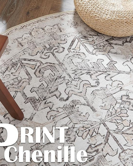 jinchan Lima Round Rug 4ft Vintage Machine Washable Area Rug Indoor Circle 4' Ultra-Thin Non-Slip Floral Print Carpet for Farmhouse Entryway Dining Room Living Room Bedroom Office (4'Round, Taupe)