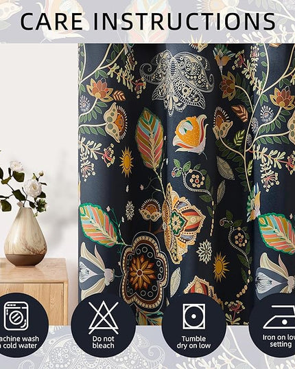 XiDi Floral Blackout Bedroom Curtains 63 Inches Long 2 Panels Room Darkening Thermal Insulated Vintage Mid Century Modern Curtains Patterned Flower Leaf Grommet Drapes for Home Decor 52x63 Navy Blue