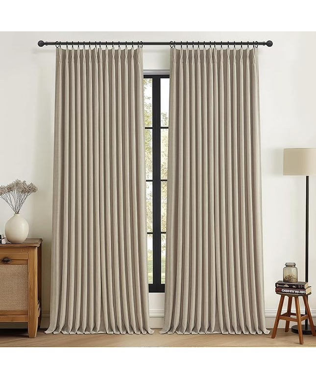 Unique Black Out Thick Linen Privacy Curtains 105 Inches Long for Room Divider 2 Panel Set, Neutral Pinch Pleat Double Layer Taupe Drapes Privacy Thermal with Hooks Rings for 104-106 Inch Large Window