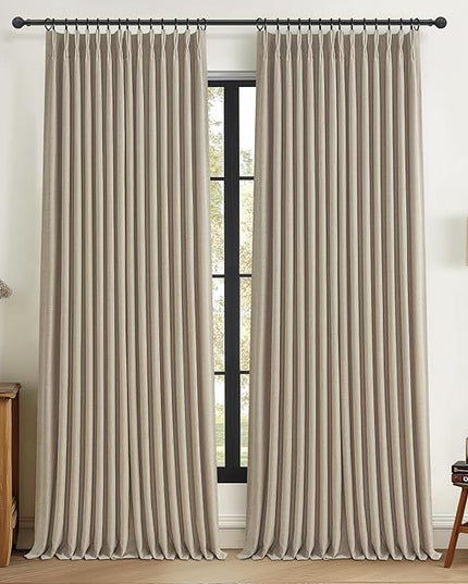 Pinch Pleated Drapes Linen Room Darkening Curtains 96 Inches Long for Bedroom, Taupe Black Out Floor to Ceiling Sound Dampening Double Layer Living Room Viral Windows Burg 2 Panels Set Burlywood Birch