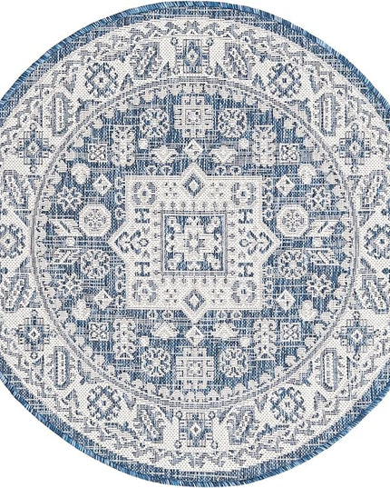 Rugs.com Outdoor Aztec Collection Rug – 3 Ft Round Blue Flatweave Rug Perfect for Kitchens, Dining Rooms