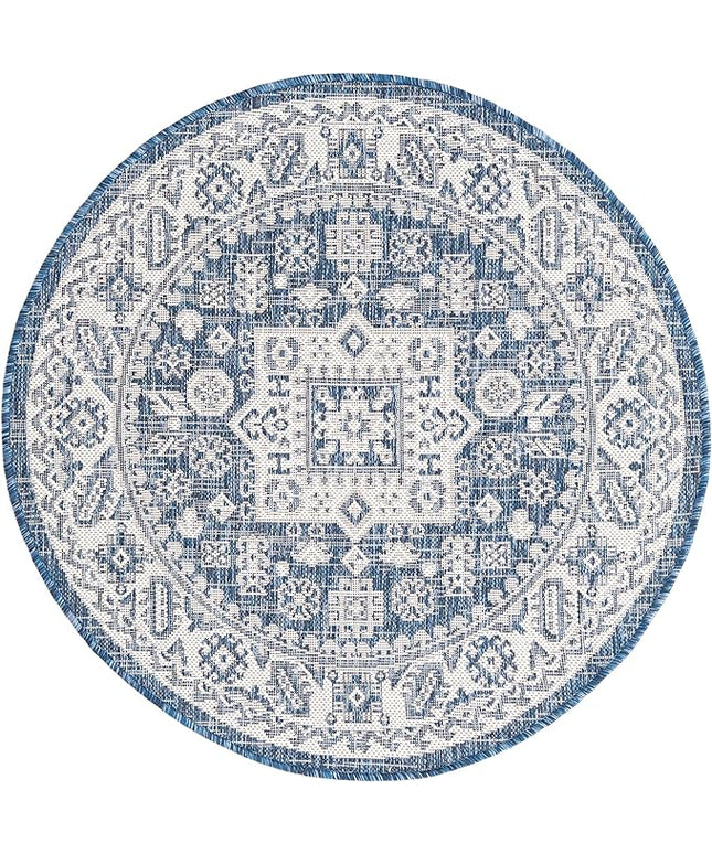 Rugs.com Outdoor Aztec Collection Rug – 3 Ft Round Blue Flatweave Rug Perfect for Kitchens, Dining Rooms