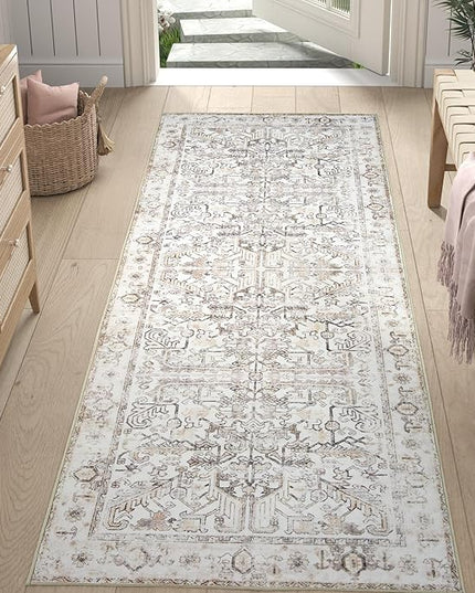 jinchan Lima Runner Rug 2x6 - Vintage Hallway Machine Washable Rug Floral Non Slip with Rubber Backing Ultra-Thin Carpet Runner for Kitchen Bedroom Laundry Room Farmhouse Entryway (2x6ft, Taupe)