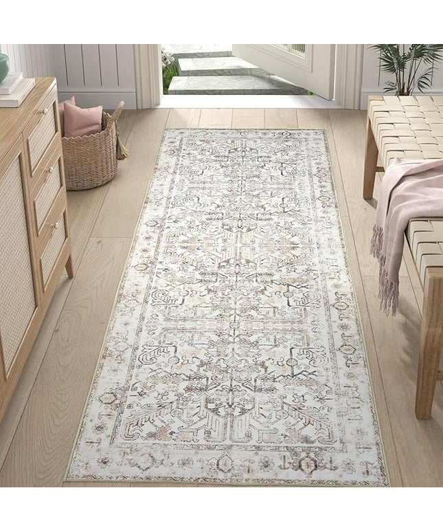 jinchan Lima Runner Rug 2x6 - Vintage Hallway Machine Washable Rug Floral Non Slip with Rubber Backing Ultra-Thin Carpet Runner for Kitchen Bedroom Laundry Room Farmhouse Entryway (2x6ft, Taupe)