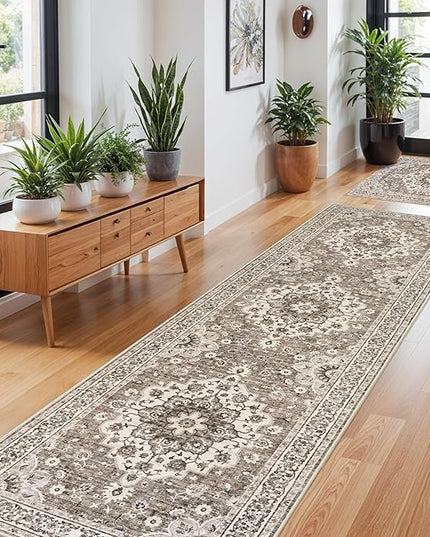 Washable Oriental Hallway Runner Rug - 3x10 Rugs for Living Room Soft Carpet for Bedroom Kitchen Waterproof Floral Distressed Indoor Stain Resistant Non-Shedding Floor Carpets (Beige, 3X10)
