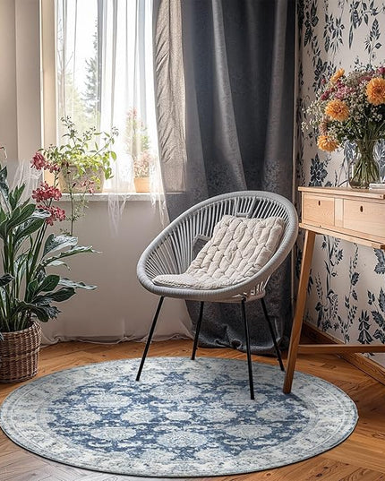 jinchan Fiora Round Rug 5ft Area Rug - Indoor Vintage Hallway Circle 5' Washable - Ultra-Thin Low Pile Soft Small Non Slip Distressed Floral Print for Living Room Bedroom Entryway Dark Blue