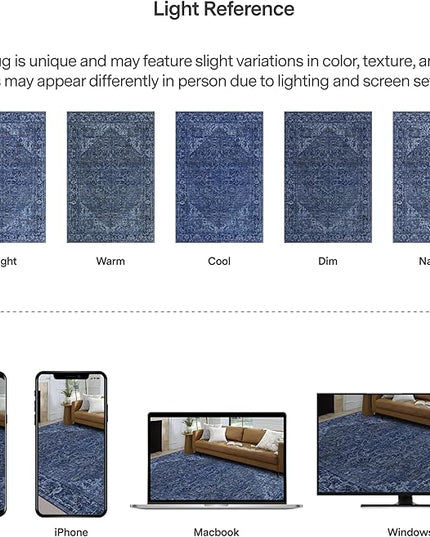 ReaLife Rugs Machine Washable Area Rug - Living Room Bedroom Bathroom Kitchen Entryway Office - Padded Low Pile Stain Resistant Premium - Boho Vintage Traditional - Lyle - Blue 7'6" x 9'6"