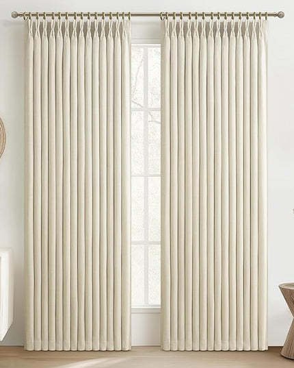 Light Beige Natural Linen Blackout Curtains 90 Inches Long 2 Panels Set for Patio Sliding Door, Modern Pinch Pleat Double Layer Sun Block Window Drapes for Office 40 x 90 Inch Cream Decorative Curtain