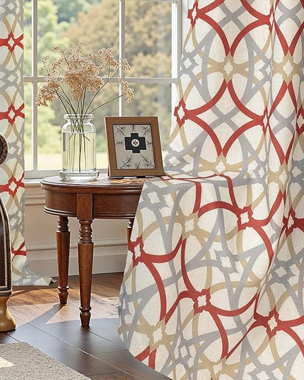 DriftAway Alexander Blackout Curtains for Living Room Linen Blend Pattern Match Thermal Insulated Room Darkening Geo Moroccan Mid Century Back Tab Bedroom Drapes 2 Panels 52 x 96 Inch Linen Red