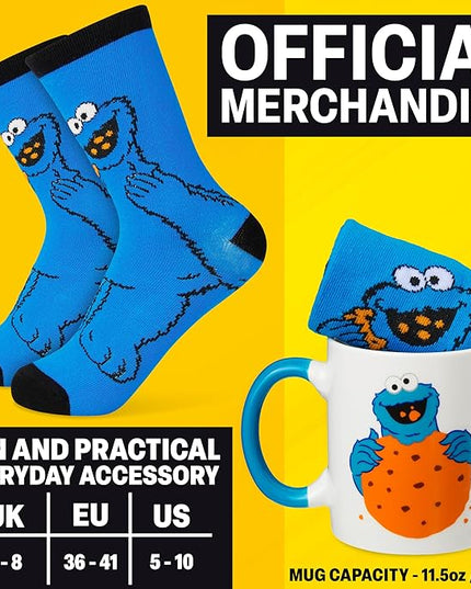 Get Trend Sesame Street Coffee Mug and Socks Set, 11.5 oz Ceramic Cup with Crew Socks, Elmo Drinkware Christmas, Secret Santa Gifts for Women (Multi Cookie Monster)