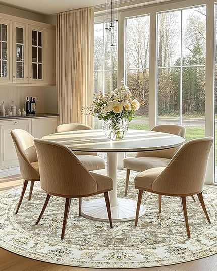 jinchan Fiora Round Rug 7ft Area Rugs - Vintage Floral Distressed Design Machine Washable Non-Slip Low-Pile Ultra-Thin Circle Rug for Living Room Dining Room Bedroom Farmhouse (7' Round, Taupe)