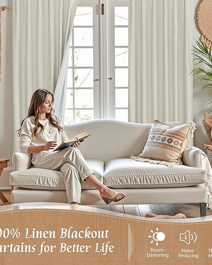 LAMIT 100% Blackout Linen Curtains for Bedroom, 45 Inches Linen Textured Thermal Window Drapes Back Tab and Rod Pocket Panels with White Liner, 2 Panels, 38 x 45 Inch, Stone