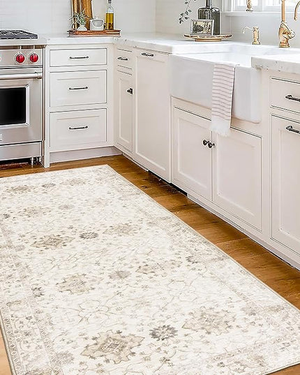 ReaLife Rugs Machine Washable Area Rug Runner - Living Room Bedroom Bathroom Kitchen Entryway Office - Padded Low Pile Stain Resistant Premium - Boho Farmhouse Vintage - BEV - Beige 2'6" x 10'