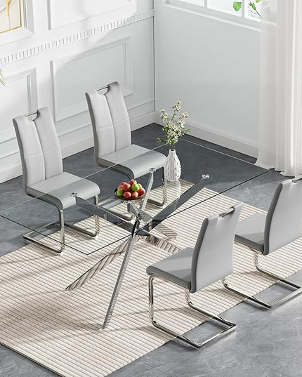 HomVent 5 Piece Rectangular Glass Dining Table Set, Rectangular Glass Kitchen Table Set for 4 with 4 PU Upholstered Dining Chairs for Kitchen Dining Room