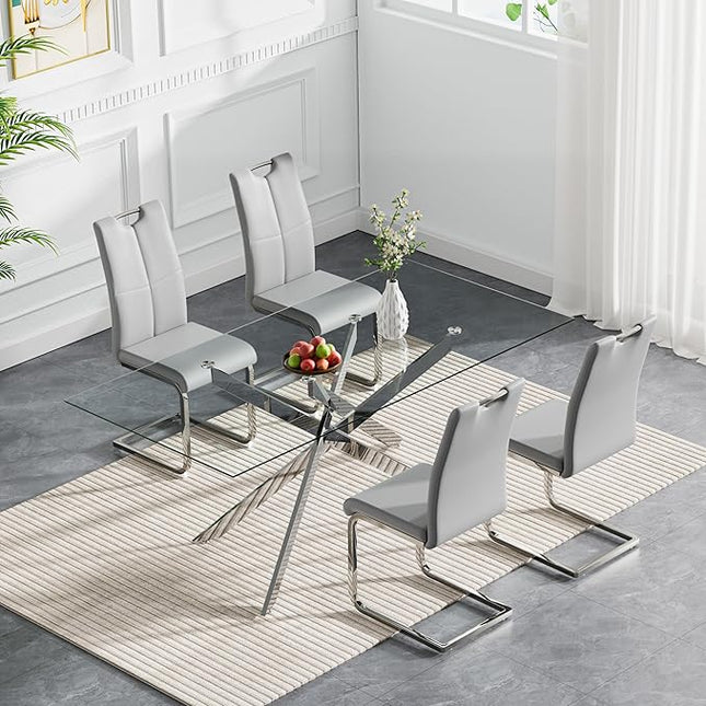 HomVent 5 Piece Rectangular Glass Dining Table Set, Rectangular Glass Kitchen Table Set for 4 with 4 PU Upholstered Dining Chairs for Kitchen Dining Room