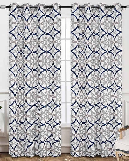 DriftAway Alexander 80% Blackout Curtains for Living Room 250GSM Pattern Match Thermal Insulated Room Darkening Geo Moroccan Mid Century Grommet Bedroom Drapes 2 Panels 52 Inch by 102 Inch Navy Gray