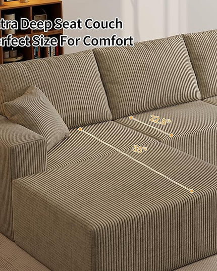 110" Boneless Cloud Sectional Couch for Living Room, Compressed Modular L-Shaped Sofa with Deep Seat, Frameless Corduroy Couch in Boxes, No Assembly Required 3-Seater (Left-Facing Chaise, Grey)