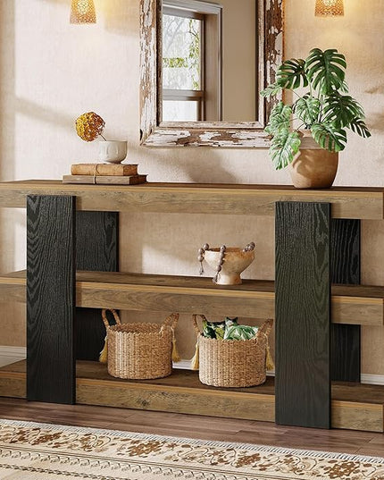 Tribesigns 63-Inch Long Console Table, 3-Tier Entryway Table with Storage, Farmhouse Wood Behind Couch Tables for Entryway, Living Room, Hallway, Rustic Brown & Black