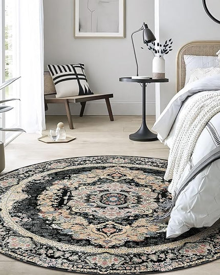 Black Round Rug 5ft, Circle Boho Area Rugs for Bedroom Living Room,Washable Vintage Bohemian Distressed Oriental Carpet Non Slip,Floral