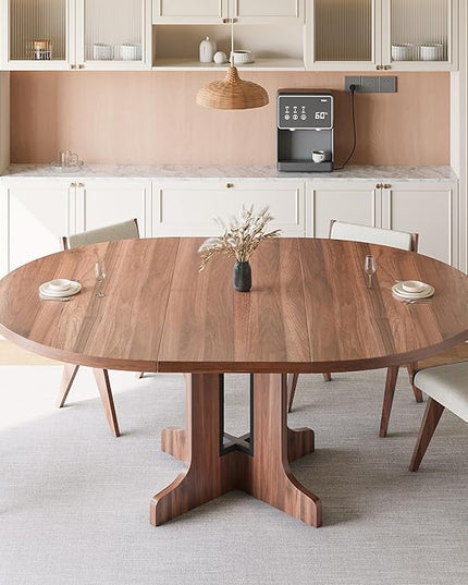 iPormis 59" Round Extendable Dining Table for 4-6, Modern Kitchen Table with Heavy Duty Pedestal Base & Wooden Top, Oval Dining Room Table for Dining Living Room, Easy Assembly, Walnut