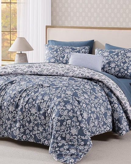 King Comforter Set -7 Pieces Floral Oxford Blue Comforter Set for All Seasons, Bed in a Bag King with Botanical Flowers Comforter, Sheets, Pillowcases & Shams