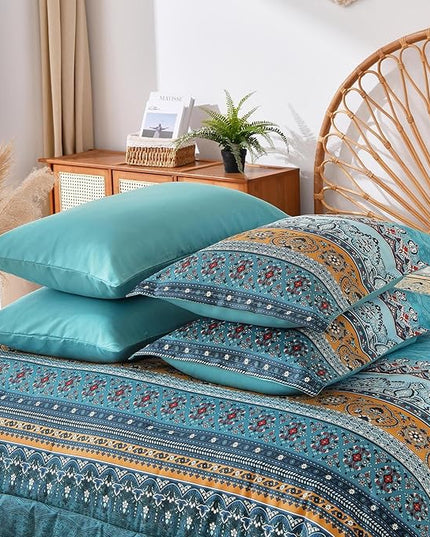 Boho Full Comforter Set 8 Pieces,Teal and Yellow Bohemian Comforter Paisley Striped Bed in A Bag,Soft Microfiber Bedding Set for All Season