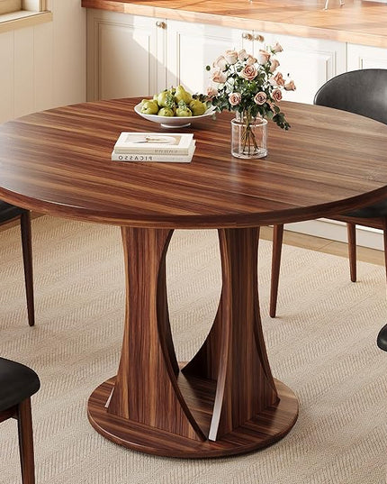 Round Dining Table for 4-6, Kitchen Table with Sturdy Double Arc & Rounded Base & Backboard Clasp Desktop, Mid-Century Modern Circle Dinner Table for Dining Living Room, Space Saving, Walnut