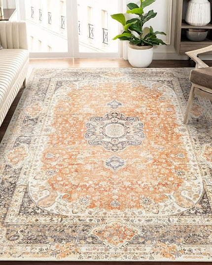 5x7 Area Rugs Washable,Boho Rug for Living Room Bedroom Kitchen,Large Vintage Bohemian Farmhouse Distressed Carpet Non Slip,Retro Orange Grey Floral