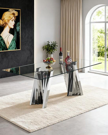 70" Glass Dining Table for 6, Modern Tempered Glass Kitchen Table, Rectangular Dining Room Table with Silver Stainless Steel Base Dinner Tables for Kitchen Home Office