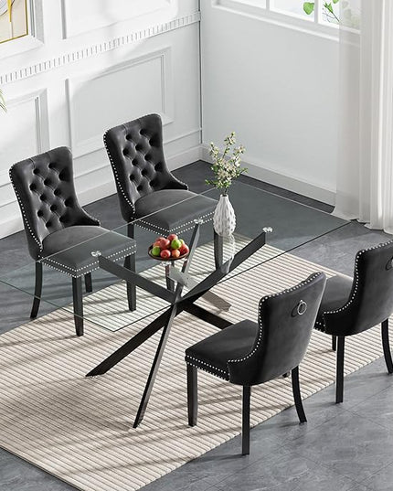 Modern 5-Piece Glass Dining Table Set for 4, Modern 60" Rectangle Black Glass Dining Room Table Set with Black Velvet Tufted Chairs Wood Legs for Kitchen Dining Room