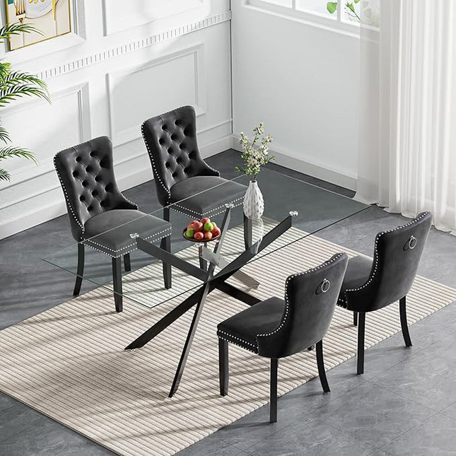 Modern 5-Piece Glass Dining Table Set for 4, Modern 60" Rectangle Black Glass Dining Room Table Set with Black Velvet Tufted Chairs Wood Legs for Kitchen Dining Room