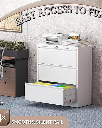 3 Drawer Lateral File Cabinet with Lock, Metal File Cabinet, Lateral File Cabinets for Home Office, Heavy Duty File Storage Cabinet for Legal/Letter/A4 Document, Assembly Required, White