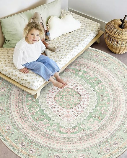 Round Area Rugs 6ft Washable,Green Rug for Living Room Bedroom Dining Room,Large Boho Vintage Bohemian Distressed Oriental Carpet Non Slip,Sage Blush Floral