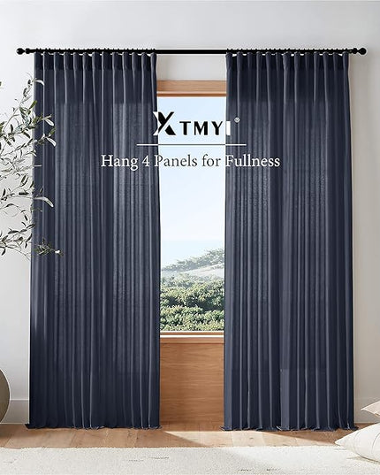 XTMYI Navy Blue Curtains 84 Inch Lengh,Linen Sheer Back Tab Hooks Pleated Light Filtering Dark Blue Kids Curtains for Boys Bedroom Living Room 2 Panel Set,Midnight/Indigo