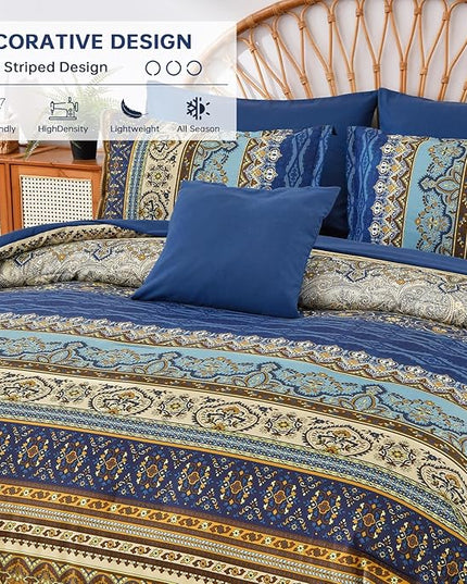 Cottolester Boho Queen Comforter Set 8 Pieces,Brown Blue Bohemian Comforter Paisley Striped Bed in A Bag,Soft Microfiber Bedding Set for All Season