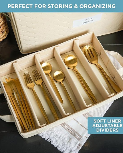 Hard Shell China Storage Containers 8-Piece Set Moving Boxes for Dinnerware, Glasses, Plates, Mugs and Saucers Sturdy Dish Organizer with Dividers for Seasonal Storage - Service for 12 - Beige Quilted