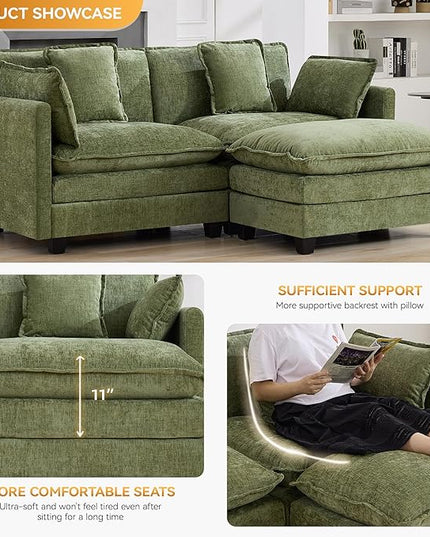 76'' Cloud Deep Seat Loveseat Sofa, Upholstered Chenille Modular 2-Seats Sectional Sofa Couch with Movable Ottoman, Modern Comfy Settee Loveseat for Living Room Set, Small Apartment, Green