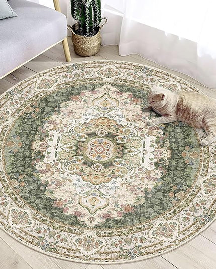 Green Round Rug 4ft,Circle Washable Area Rugs for Bedroom Bathroom Entryway,Boho Vintage Bohemian Distressed Oriental Carpet Non Slip,Sage Floral