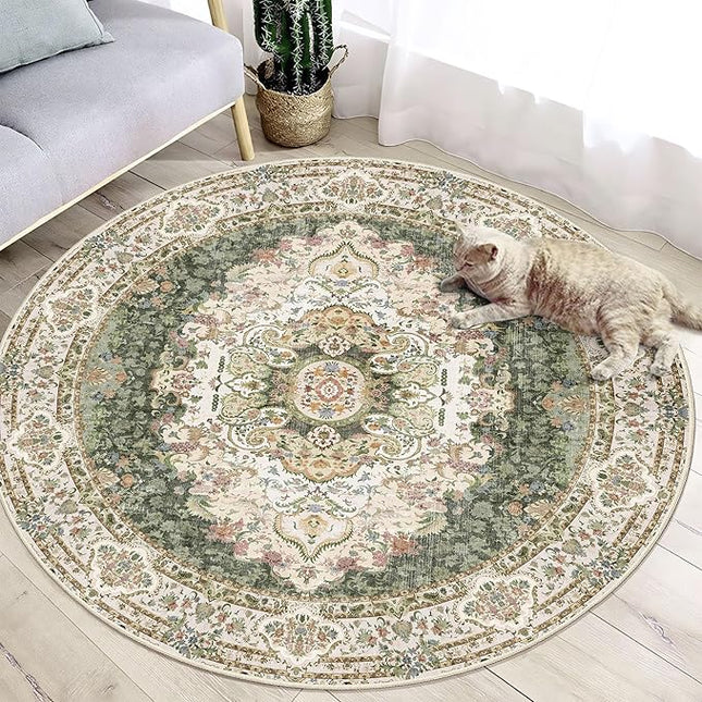 Green Round Rug 4ft,Circle Washable Area Rugs for Bedroom Bathroom Entryway,Boho Vintage Bohemian Distressed Oriental Carpet Non Slip,Sage Floral